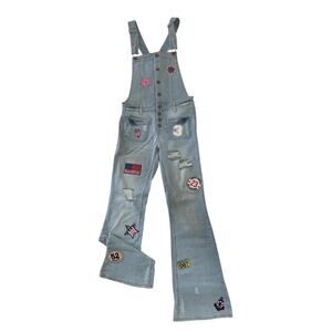 Y2K Love Fire Patchwork Denim Overalls Small Flare Bell Bottom Festival Jeans
